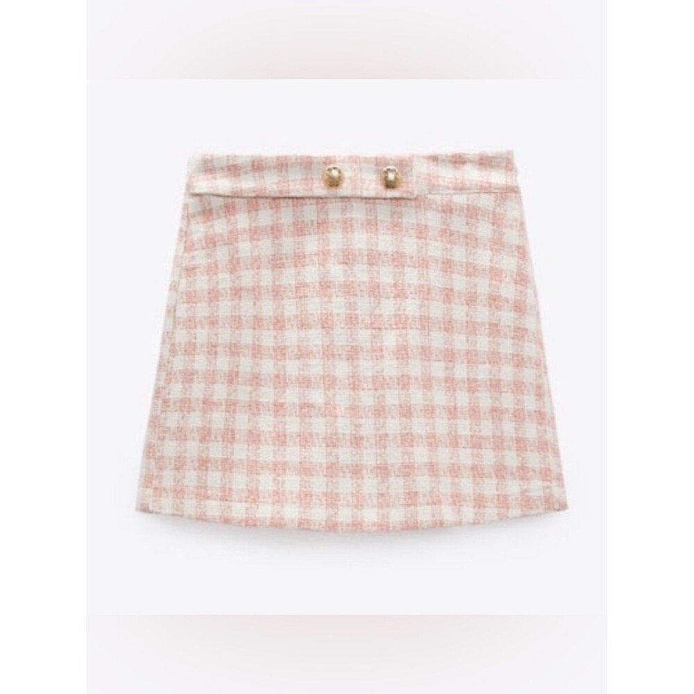 Zara Pink Tweed Checked Plaid Skort Women’s XL Gold Button Barbiecore Skort